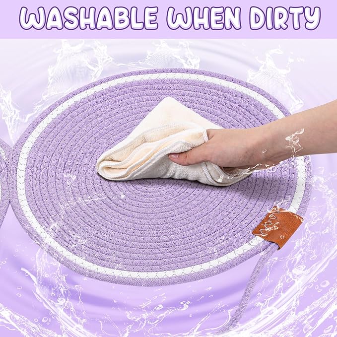 25.6 Inch Large Scratching Mat for Indoor Cats Natural Cotton Rope Flat Scratcher with Ear Hooks and Ball Toy Cat Scratch Rug Pad for Wall, Couch, Carpets, Sofas (Purple)