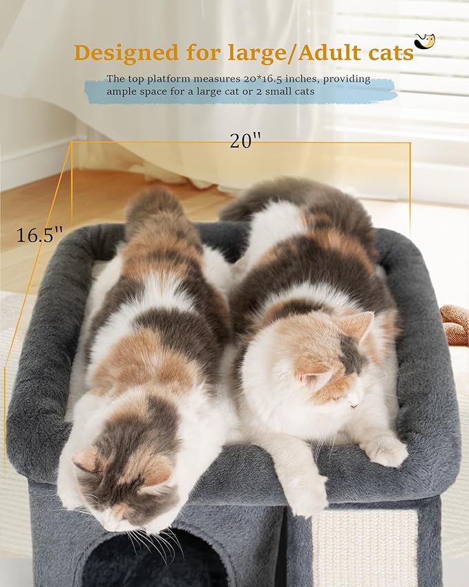 14'' Cat Tree Tower for Indoor Large Adult Cats, 20x16.5'' Big Perch Bed, Sisal Scratcher, Condo Cave for Small Medium Kittens, Dark Gray