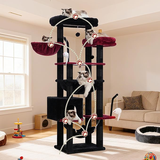 Gothic Cat Tree, Cat Tower for Large Cats with 2 Big Platforms, 2 Baskets, condo and Toys, 63" Cat Scratching Posts for Indoor Cats, Black and red GCT020BR