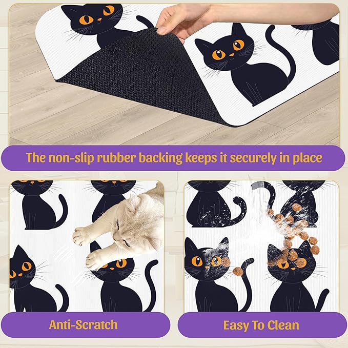 Cute Black Cats Pet Feeding Mat, Absorbent Dog and Cat Bowl Pad, Fast Dry, Non-Slip Back – 16x24 Inch
