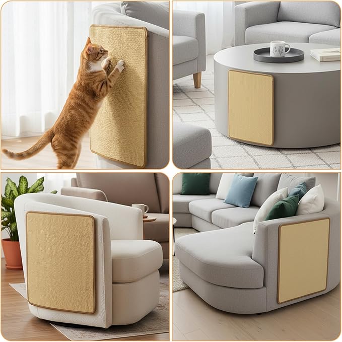 4 Pack Cat Scratcher Mat, Fabric Sisal Cat Scratching Pad for Indoor, Cats Scratching Rug Wall Scratchers with Adhesive Hook Loop Tape for Protect Couch and Carpets