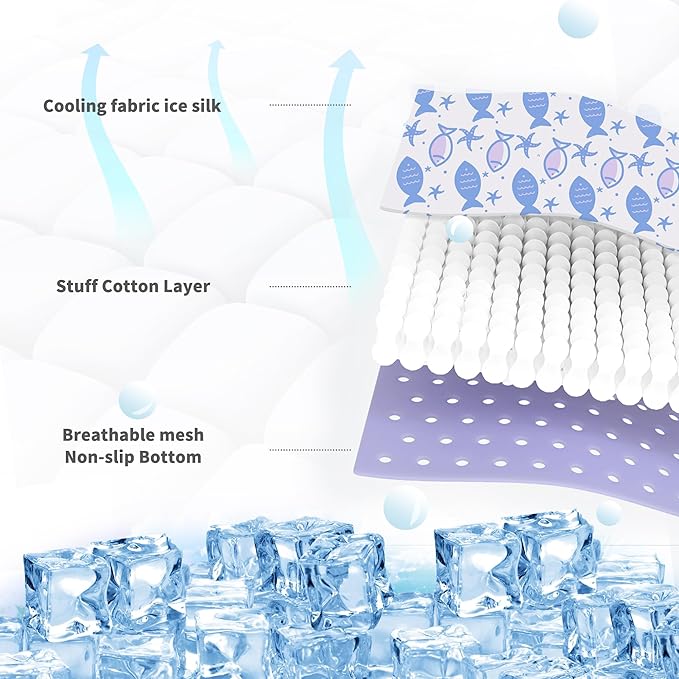 NWK Pet Cooling Mat - Ice Silk Cooling Mat for Dogs & Cats Portable & Washable Pet Cooling Blanket, Car Seats, Beds for Summer (1, Purple Fish, 16’’ X 20’’ X 0.3)