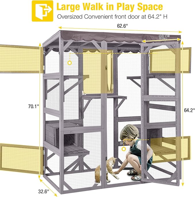 Aivituvin Cat House Outdoor Catio Kitty Enclosure with Super Large Enter Door,Wooden Cat Cage Condo Indoor Playpen with Platforms,Small House,70 Inch