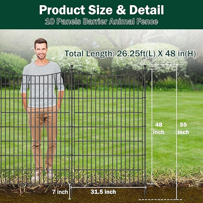 10 Panels No Dig Dog Fence Outdoor for Yard, 48 in(H) X 26.25 ft(L) Decorative Tall Garden Fence Animal Barrier, Rustproof Metal Wire Garden Edging and Borders, Temporary Fencing Stakes