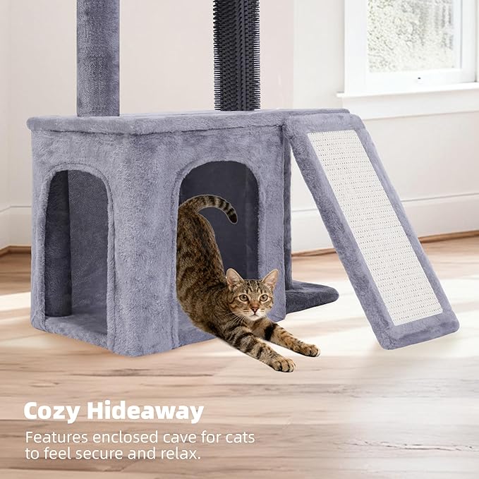 Cat Tree with Self-Grooming Brush and Interactive Toys, Cat Tree Tower for Indoor Cats, Cat Tower with Sisal Scratching Post and Scratching Pads, Cat Condo with Padded Perch, Grey