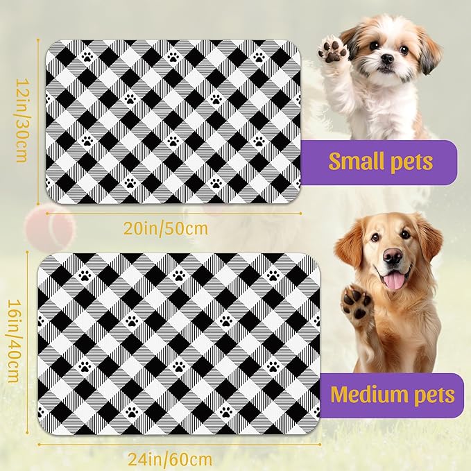 Cat Checked Plaid Dog Cat Food Mat, Absorbent Feeding Mat with Fast-Dry Surface, Rubber Backing for Messy Drinkers – 12x20 Inch