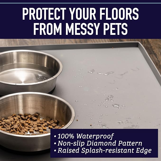 Leash Boss Dog Food Mat - Waterproof Cat & Dog Bowl Mat for Food and Water, Silicone Pet Feeding Mats for Floors, Non-Slip Placemat with High Edges, Puppy Essentials (XXL: 30"x22", Navy)