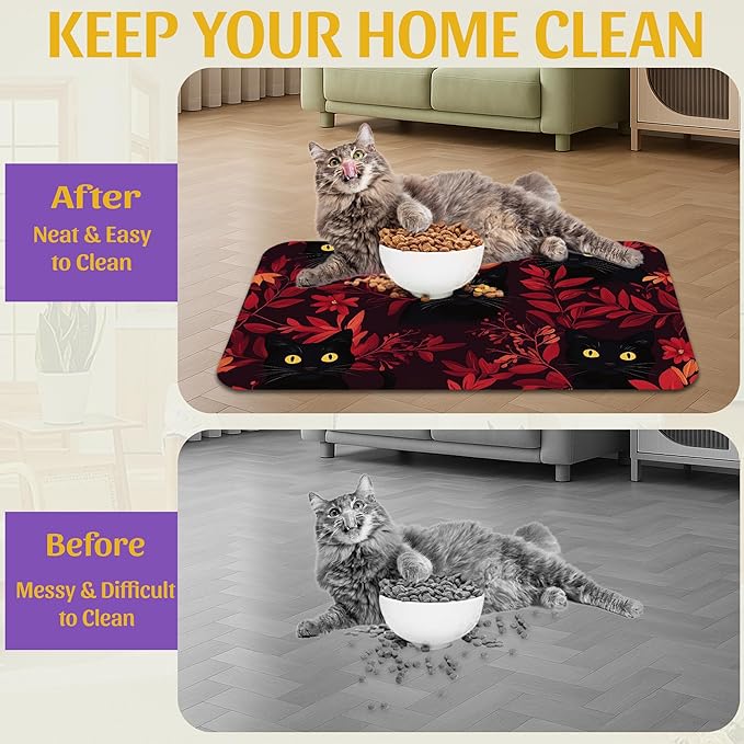 Black Cat Forest Pet Feeding Mat, Fast-Dry Absorbent Dog and Cat Bowl Mat, Waterproof Non-Slip Base for Messy Eaters, Indoor Pet Accessories – 12x20 Inch