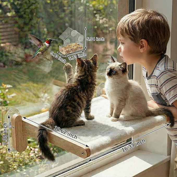 2-in-1 Cat Window Perch & Hummingbird Feeder, Heavy Duty Foldable Cat Hammock with 4 Super Strong Suction Cups, Plush Cats Bed for Bird Watching – Indoor Pet Window Seat & Unique Gift for Cats Lovers