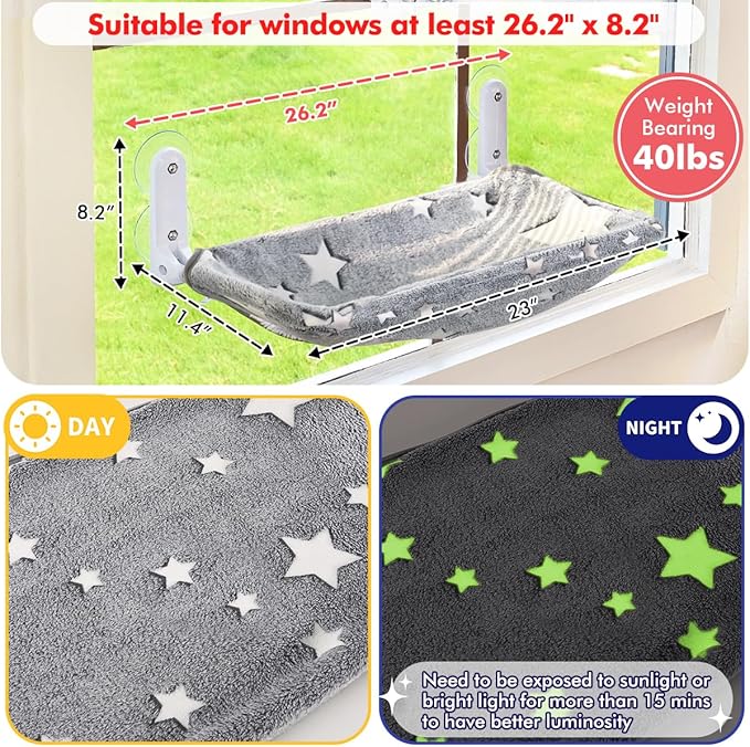 2PC Cat Window Perch, Glow in The Dark Cordless Foldable Pet Hammock Bed for Window with Sturdy Metal Frame, Glowing Stars Pattern Resting Seat for Indoor Cats (2PC Stars - L)