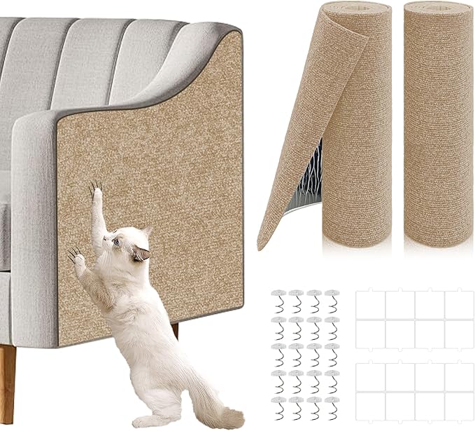 2 Pcs Total 78.8"x15.8" Cat Scratch Mat, Cat Scratch Couch Furniture Protector, Trimmable Self-Adhesive Cats Scratch Pads, DIY Cat Scratcher for Wall Protector and Covering Cat Tower (Khaki)