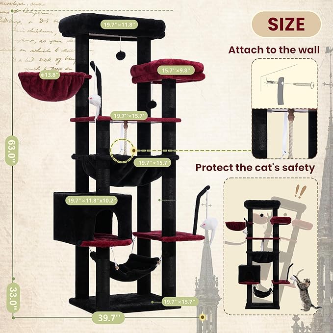 Gothic Cat Tree, Cat Tower for Large Cats with 2 Big Platforms, 2 Baskets, condo and Toys, 63" Cat Scratching Posts for Indoor Cats, Black and red GCT020BR
