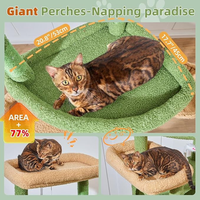 Taoqimiao 71 Inches Cat Tree for Large Cats 20lbs+, 3 Giant Perches, Multi-Level Cat Tree Tower, Widened Cat Condo with 9 Scratching Posts, Luxurious Hammcock & Basket, Cactus, MS034T