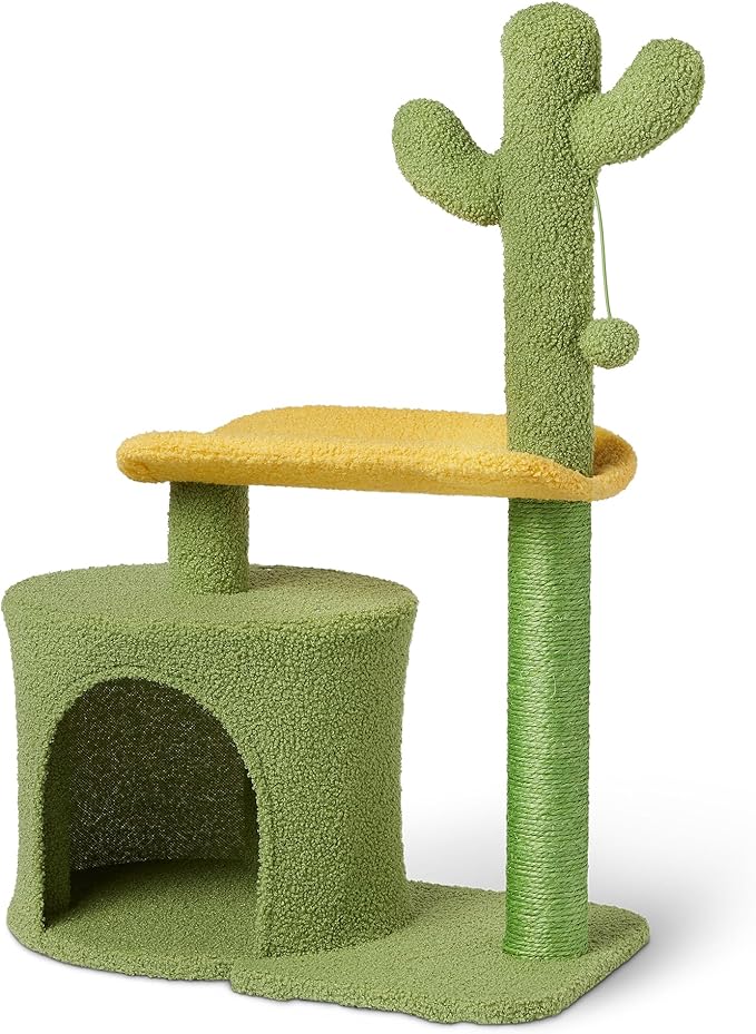Amazon Basics Cactus Cat Tree for Indoors Cats& Kittens, Scratching Post with Curved Perch and Cozy Cat Condo, Interactive Dangling Ball,30.7” (77.9cm) H, Green