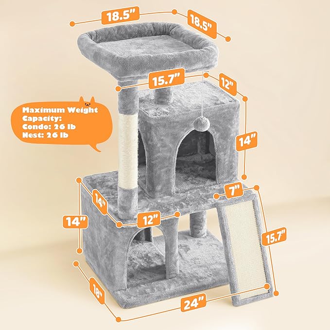Yaheetech 42in Cat Tree Tower with Scratching Posts, Plush Condo, Ramp & Perch, Multi-Level Climber for Indoor Cats & Kittens, Light Gray