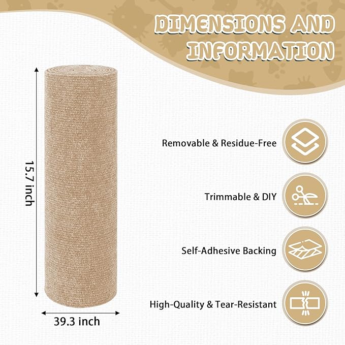 Climbing Cat Scratcher Mat Trimmable Cat Scratching Post Carpet 39.3’’x15.8’’ Self Adhesive Carpet Mat Pad Replacement for Cat Tree Shelves Post Couch Wall Furniture Steps DIY Protector (Beige)