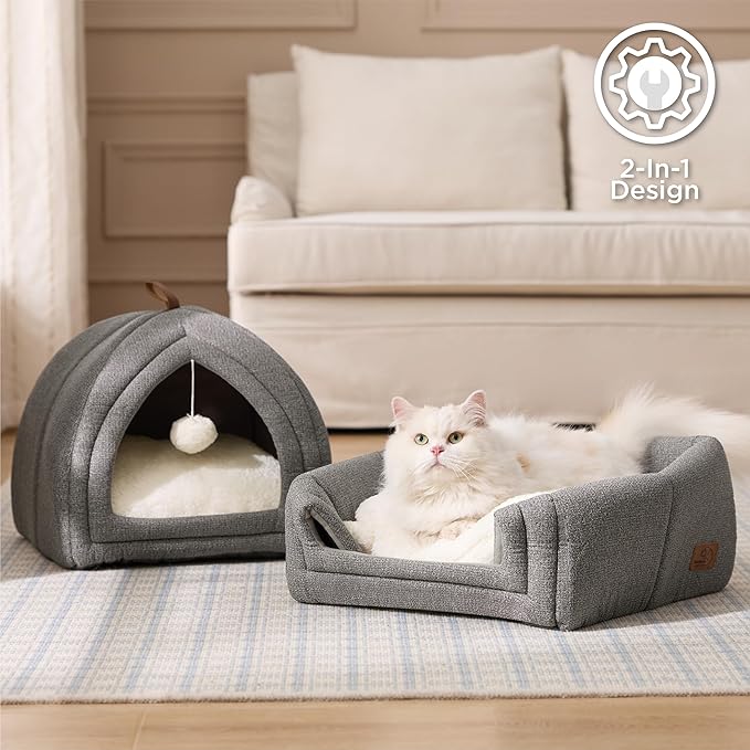 Bedsure Cat Beds for Indoor Cats - 2 in 1 Cat Cave House Tent for Kittens and Small Pets with Removable Washable Cushioned Pillow, Foldable Kitten Hideaway with Non-Slip Bottom, Beige, 17.3 inches