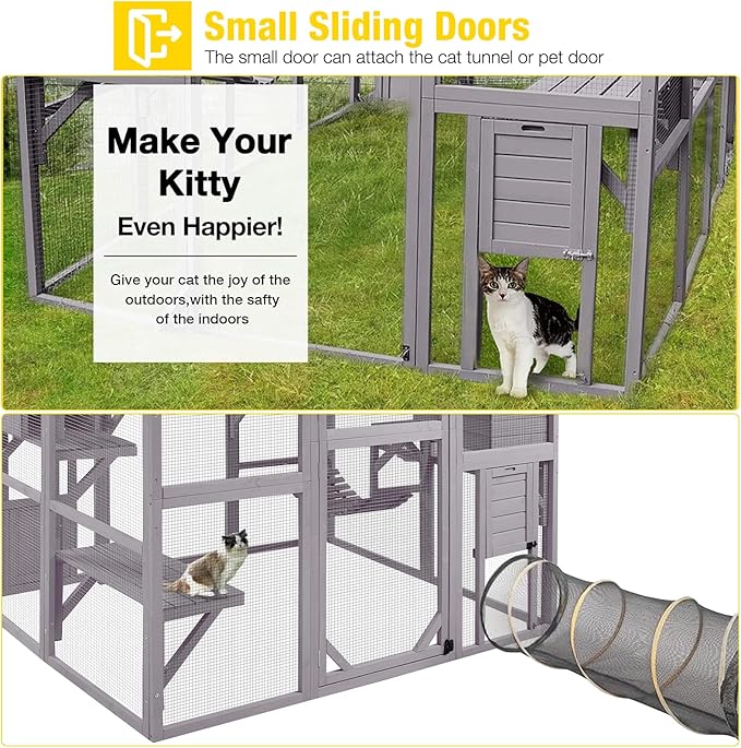Aivituvin Cat House Outdoor Catio Kitty Enclosure with Super Large Enter Door,Wooden Cat Cage Condo Indoor Playpen with Platforms,Small House 74 Inch