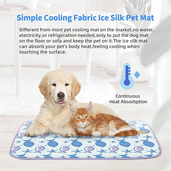 NWK Pet Cooling Mat - Ice Silk Cooling Mat for Dogs & Cats Portable & Washable Pet Cooling Blanket, Car Seats, Beds for Summer (1, Purple Fish, 27‘’ X 39‘’ X 0.3'')