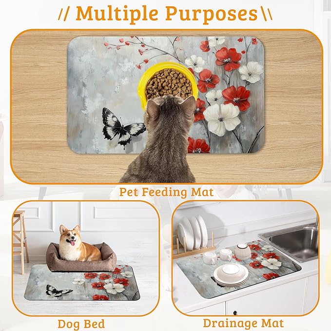ButterflyFlowers Dog Cat Food Mat,Red White Absorbent Waterproof Placemat for Food and Water Non Slip Rubber Backing Durable Feeding Pad for Clean Floors 16" x 24"