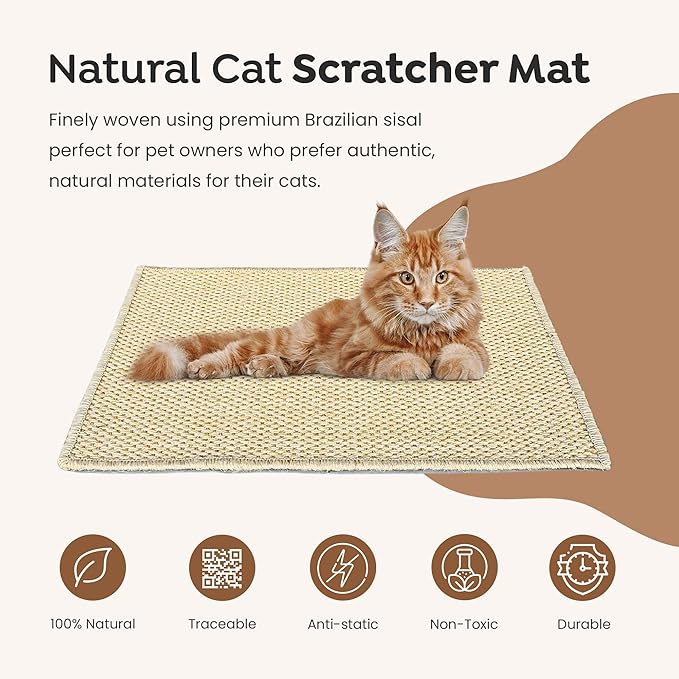 Premium Brazilian Cat Scratcher Mat – 24'' x 16'' Natural Fiber 100% Sisal with Jute Border, Ultra Durable, Scratching Pad, Doormat Rug, Protects Furniture and Carpets (Natural Beige)