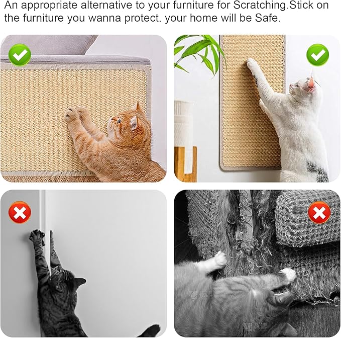4 PCS Carpet Cat Scratching Mat Sisal, 15.7 x 7.8 inch Natural Sisal Cat Scratching Mat with Adhesive Hook Loop Tape for Indoor Protect Couch and Carpets