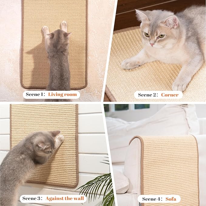 CHEERPALS Sisal Cat Scratcher Mat for Indoor Cats, 23.6 X 15.7 Inch Natural Sisal Fabric Scratching Pad Horizontal Scratch Rug with Sticky Tapes, Protect Couch, Wall and Carpets (White)