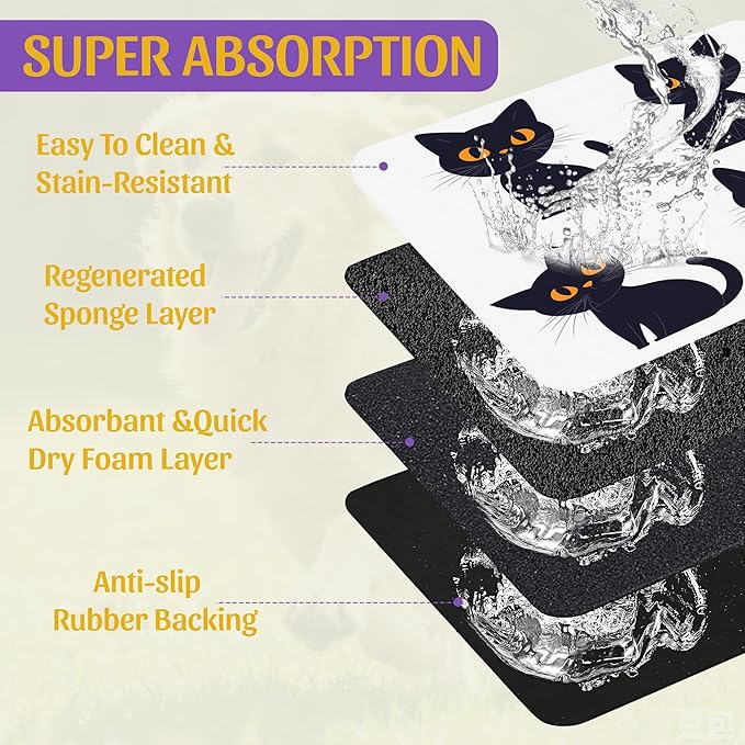 Cute Black Cats Pet Feeding Mat, Absorbent Dog and Cat Bowl Pad, Fast Dry, Non-Slip Back – 16x24 Inch