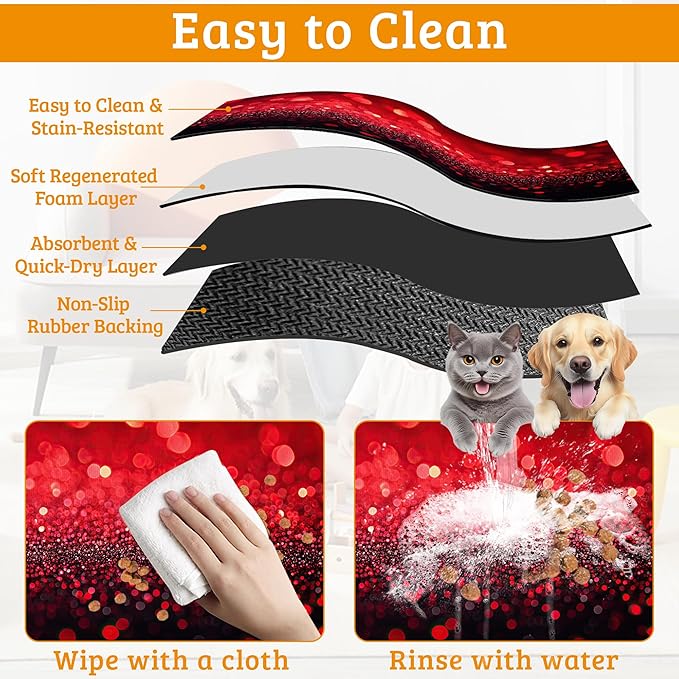 Red Gradienr Feeding Mat,Black Glitter Absorbent Quick-Dry Cat Dog Food and Water Bowl Mats,Non-Slip Rubber Backing Mat,Cat Dog Accessories Supplies 16" x 24"