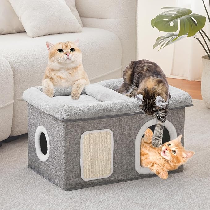 WINDRACING Cat Beds for Indoor Cats - Extra Wide Cat House for Pet and Foldable Cat Cave Bed with Scratch Pad, Cat Hideaway Condo for Kitten, 24.4x16.9x14.2 inches, Light Grey