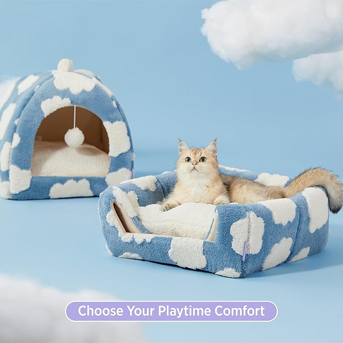 Lesure Cute Cat Beds for Indoor Cats - 2 in 1 Cat Cave Bed for Kittens and Small Pets with Removable Washable Cushioned Pillow, Cozy Kitten Tent with Non-Slip Bottom, Blue, 16 inches