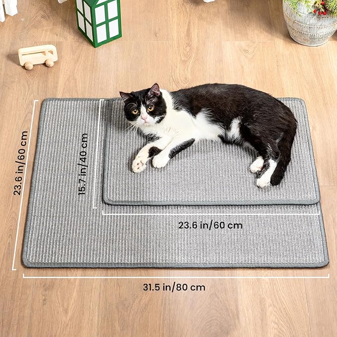 Cat Scratcher Mat,Natural Sisal Cat Scratch Pad with Hook&Loop Tape,Horizontal Floor Kitty Scratching Pads Rug for Indoor,Cat Furniture Protector for Couch&Carpets&Sofas, Medium, Grey, 2 Pack