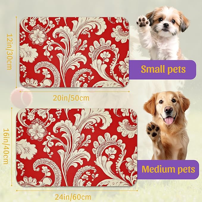 Red White Paisley Pet Food Mat, Absorbent Feeding Pad for Dogs and Cats, Waterproof Anti-Slip Base – 16x24 Inch
