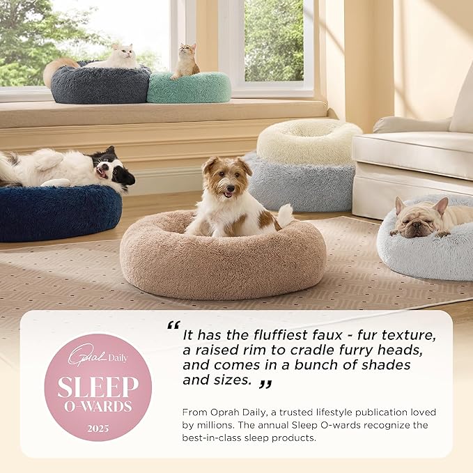 Bedsure Calming Dog Bed for Small Dogs - Donut Washable Small Puppy Bed, 23 inches Anti-Slip Round Fluffy Plush Faux Fur Large Cat Bed, Fits up to 25 lbs Pets, Camel
