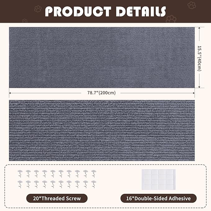 Cat Scratch Furniture Protector, Self-Adhesivet Scratch Mats Deterrent for Furniture, DIY Climbing Cat Scratcher Couch Protector from Cat Claws(Light Grey, 78.7x15.8Inch)