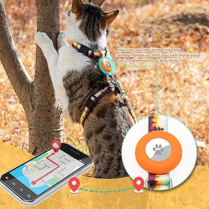 Cat Harness with Airtag Holder and Leash Set, Escape Proof Cat Harness for Walking Traveling Hiking Outdoor, Adjustable Step in Pet Harness for Small Medium Large Cats, Puppy, Kitten