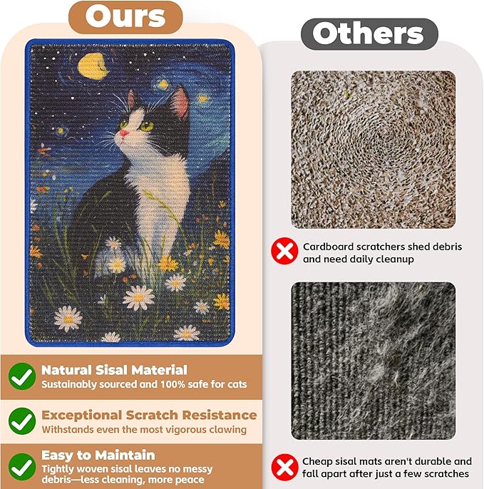 Sisal Cat Scratcher Mat, Cat Wall Scratcher for Indoor Cats, 23.6x15.7 Inch Cat Scratch Pad with Hook & Loop, Wall Mounted Cat Scratching Post to Protect Couch and Carpet（Starry Cat）