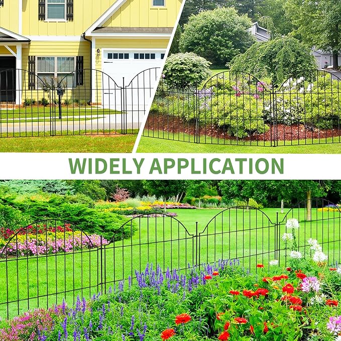 10 Panels No Dig Decorative Outdoor Garden Fence, 24in (H) x20ft (L) Animal Barrier Fencing for Dog, Arched Flower Bed Edging, Rustproof Metal Wire Panel Border with Temporary Ground Stakes