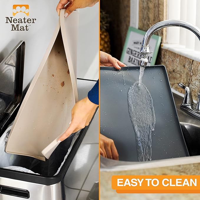 Neater Pet Brands Neater Mat Pet Mats for Food and Water, Cat & Dog Bowl Mat Waterproof Silicone, Feeding Tray, Dog Food Mats for Floors, Placemat w/Raised Edge for Under Bowls, 19” x 12”, Light Gray