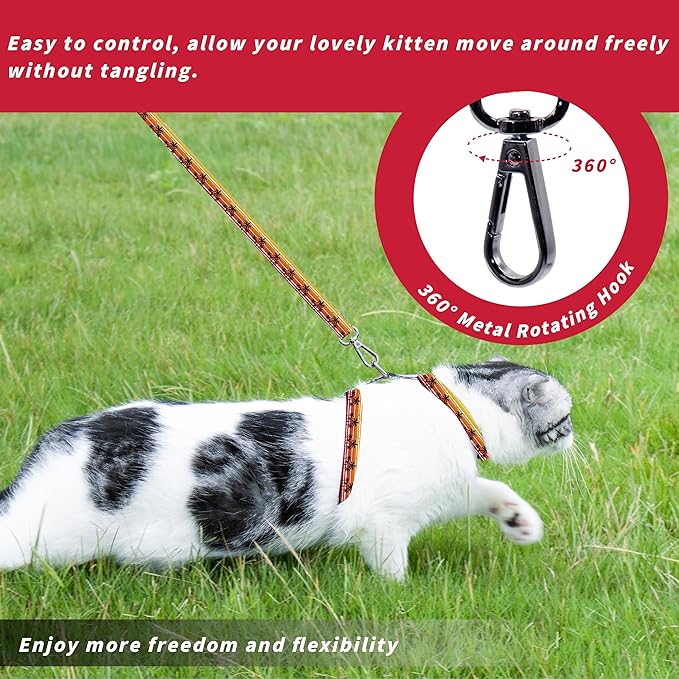 Cat Harness and Leash Set, Adjustable Kitten Harness Escape Proof Cats Harness, Soft Lightweight Walking Travel Pet Harness, Cute Kitty Harness Leash Set for Small Medium Cats, Orange