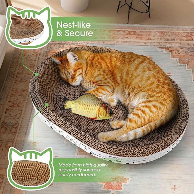 4-Piece Cardboard Cat Scratcher Bed Set with House, 2 Nest-Like Oval Cat Lounger Bowls (17"), Durable Corrugated Scratch Pads with Bonus Toys, All-in-One Cat Scratch Box for Indoor Cats Grinding Claws