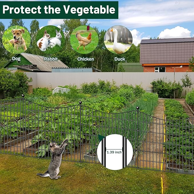 10 Panels Decorative Garden Fence with Gate, 40 in(H) X 23.6 ft(L) No Dig Dog Fence Animal Barrier Outdoor for Yard, Rustproof Metal Garden Edging and Borders, Temporary Fencing Stakes